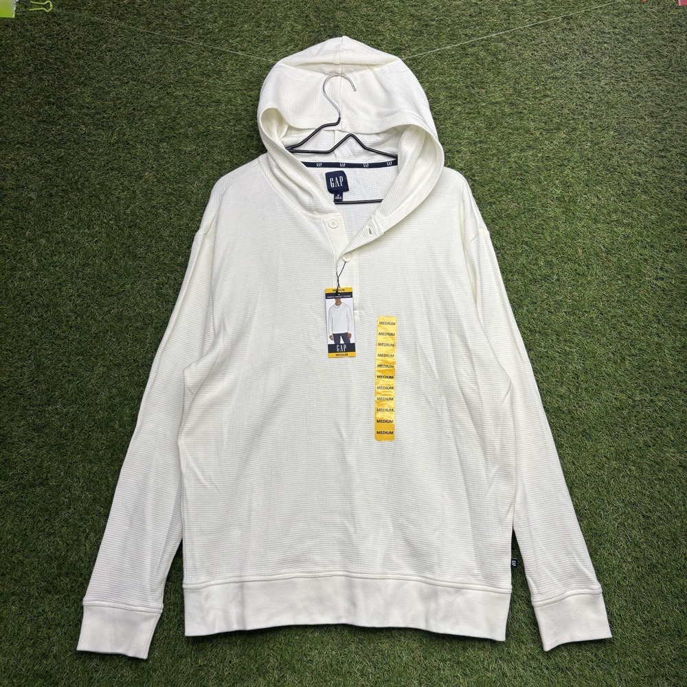 GAP Waffle Knit Henley Hoodie Mens Medium Cream Long Sleeve Thermal NWT